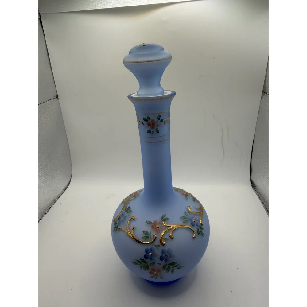 Vintage Frosted Blue Satin Glass Decanter Hand Painted Floral Gold Gilt 8.5
